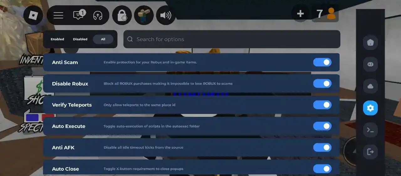 Настройки Дельты: Auto Execute, Anti AFK, Verify Teleports и другие переключатели